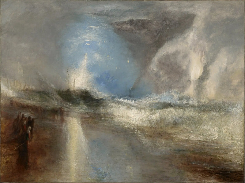Cohetes y luces azules (cerca a mano) para advertir a los barcos de vapor sobre el banco de arena - J. M. W. Turner
