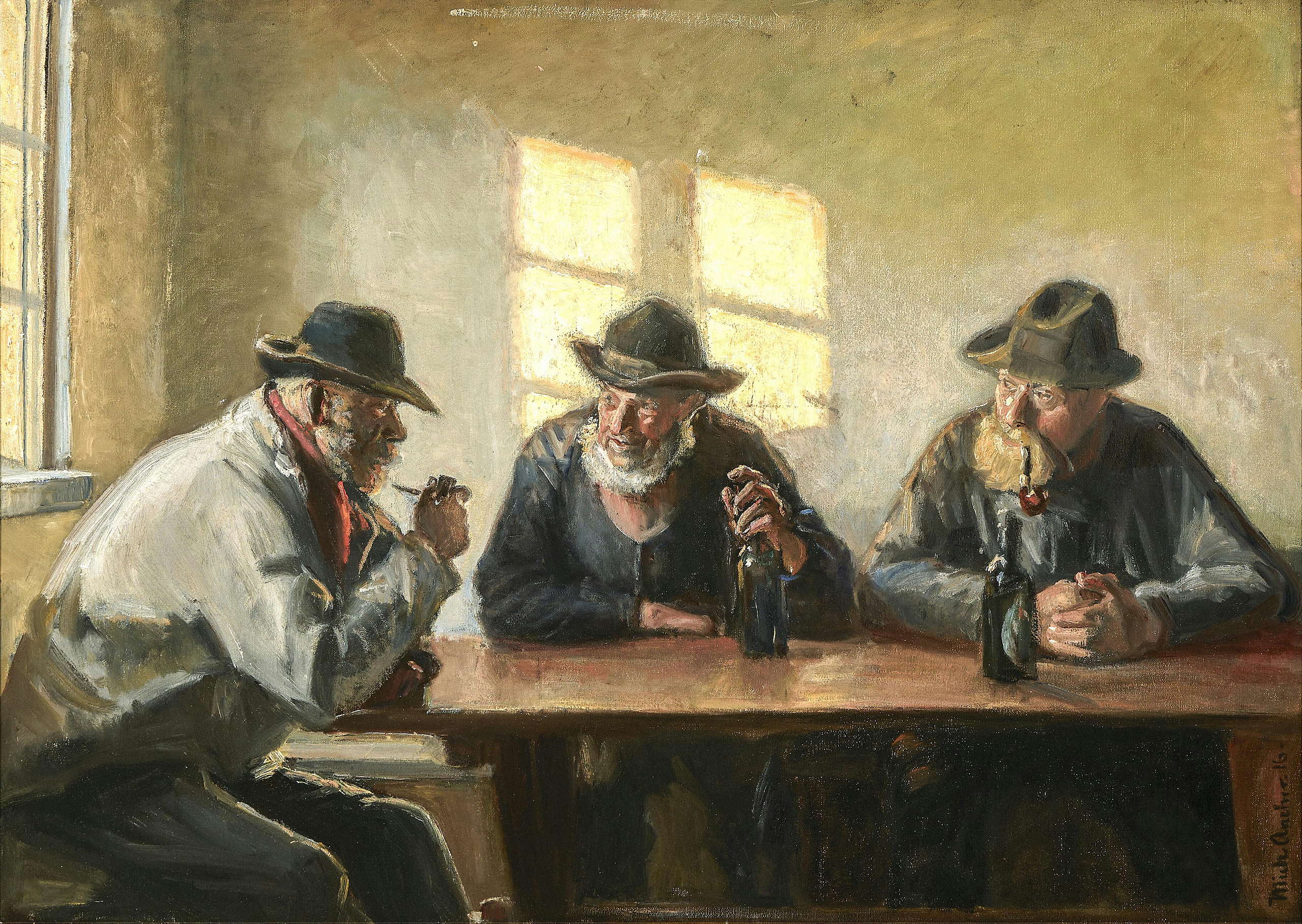 Tres pescadores en la tienda de Bründum (1916). - Michael Peter Ancher