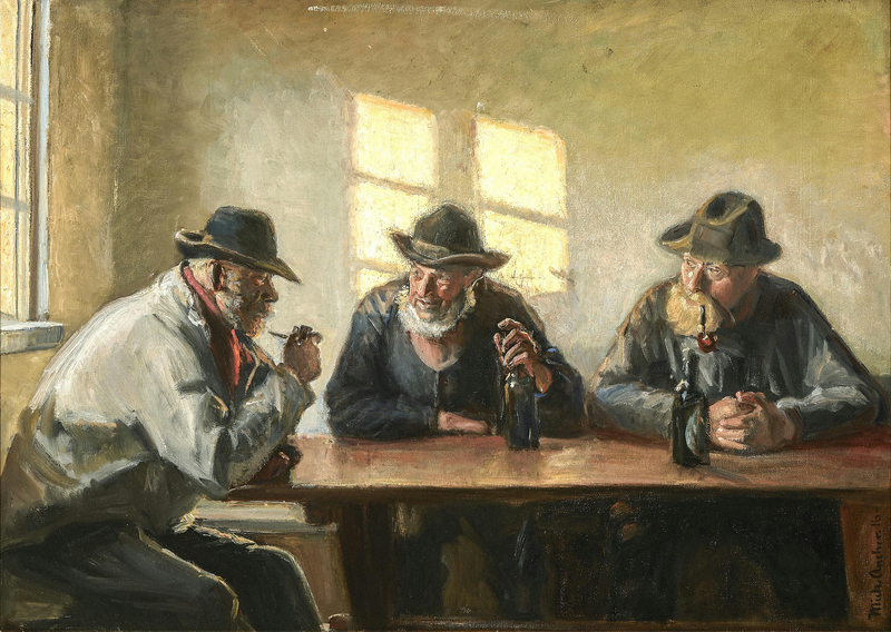 Tres pescadores en la tienda de Bründum (1916). - Michael Peter Ancher