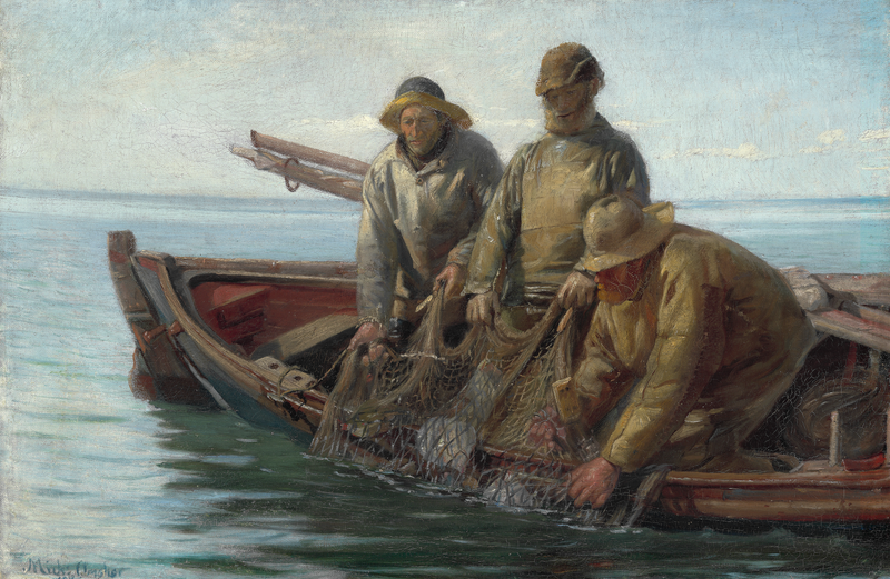 Tres pescadores de Skagen recogen sus redes. - Michael Peter Ancher