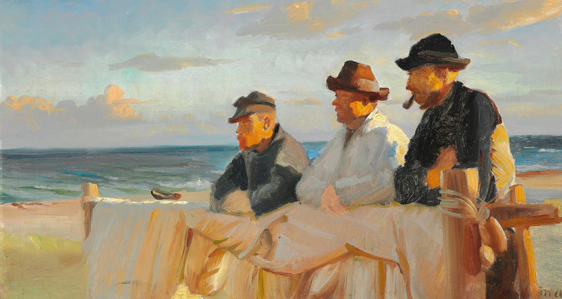 Tres pescadores en la playa de Skagen, bajo el sol poniente. - Michael Peter Ancher