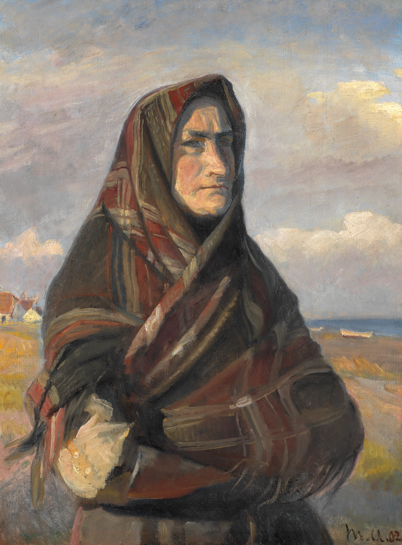 La esposa de un pescador, con un chal a cuadros, se encuentra en las dunas cerca de Skagen y contempla el mar. - Michael Peter Ancher