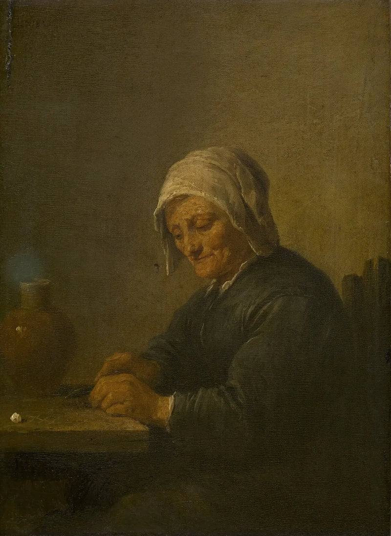 Una anciana cortando tabaco - David Teniers el Joven