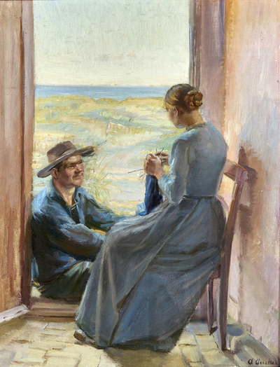 Un jeune couple de Skagen assis dans l’embrasure d’une porte avec vue sur la plage et la mer. - Anna Ancher - Alpha