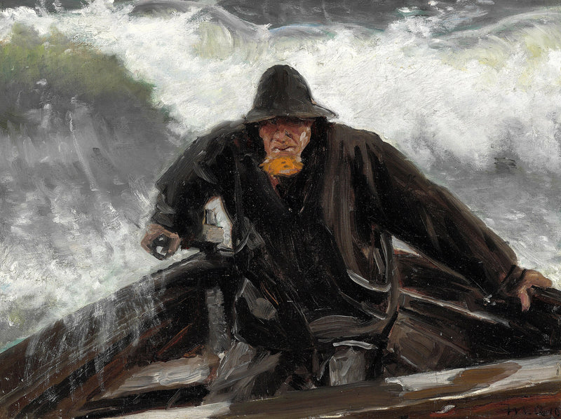 Un pescador al timón de un barco en medio de un mar embravecido. - Michael Peter Ancher
