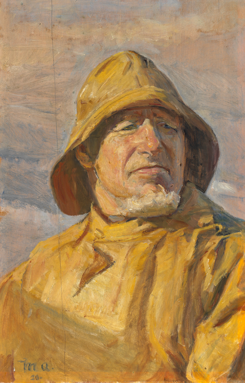 Un pescador de Skagen, vestido con un impermeable amarillo y un abrigo, entrecierra los ojos bajo la brillante luz del sol. - Michael Peter Ancher