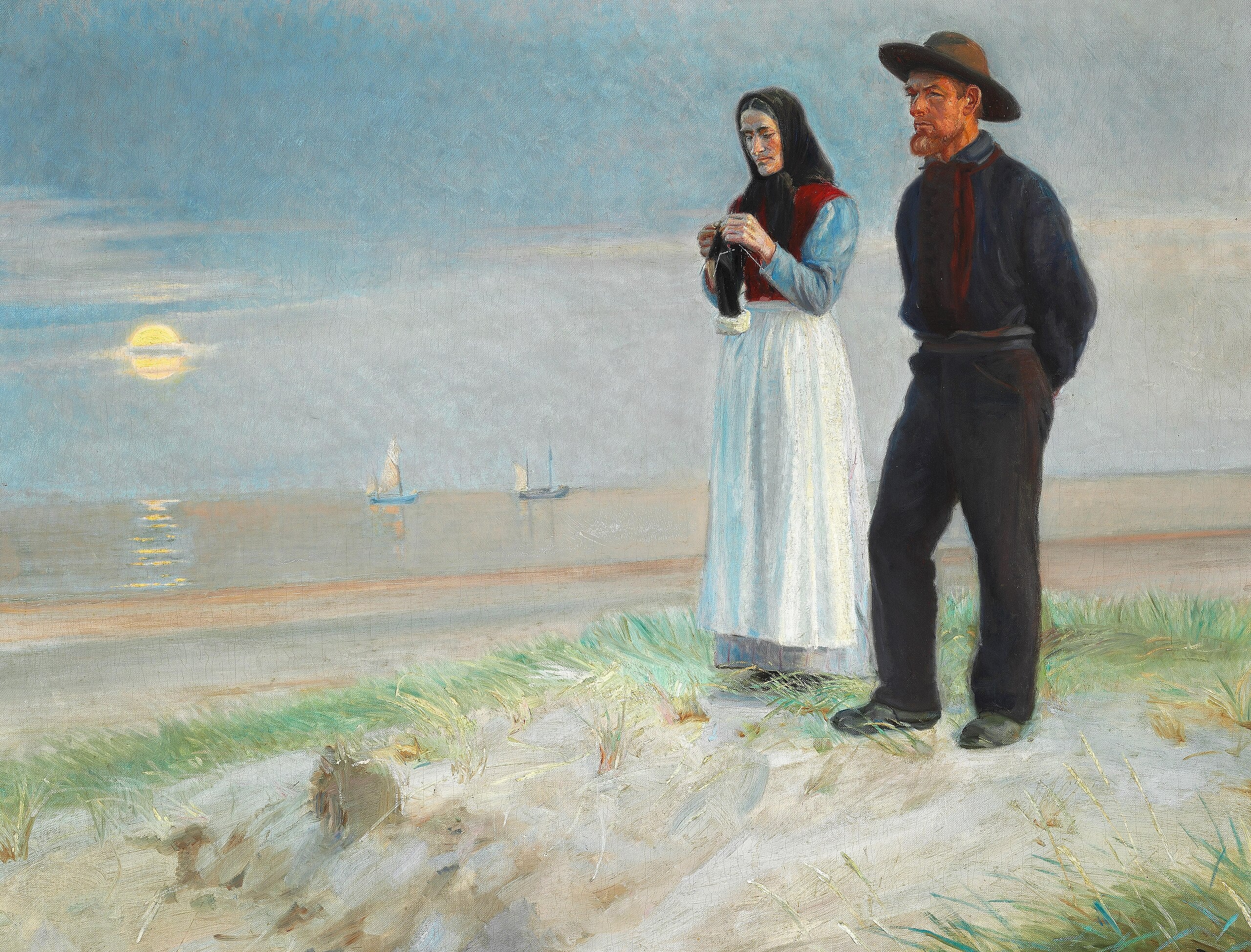 Un pescador y su esposa en la playa al atardecer. - Michael Peter Ancher