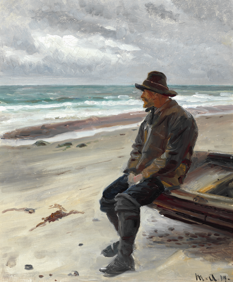 Un pescador cerca de su barco en la playa. - Michael Peter Ancher