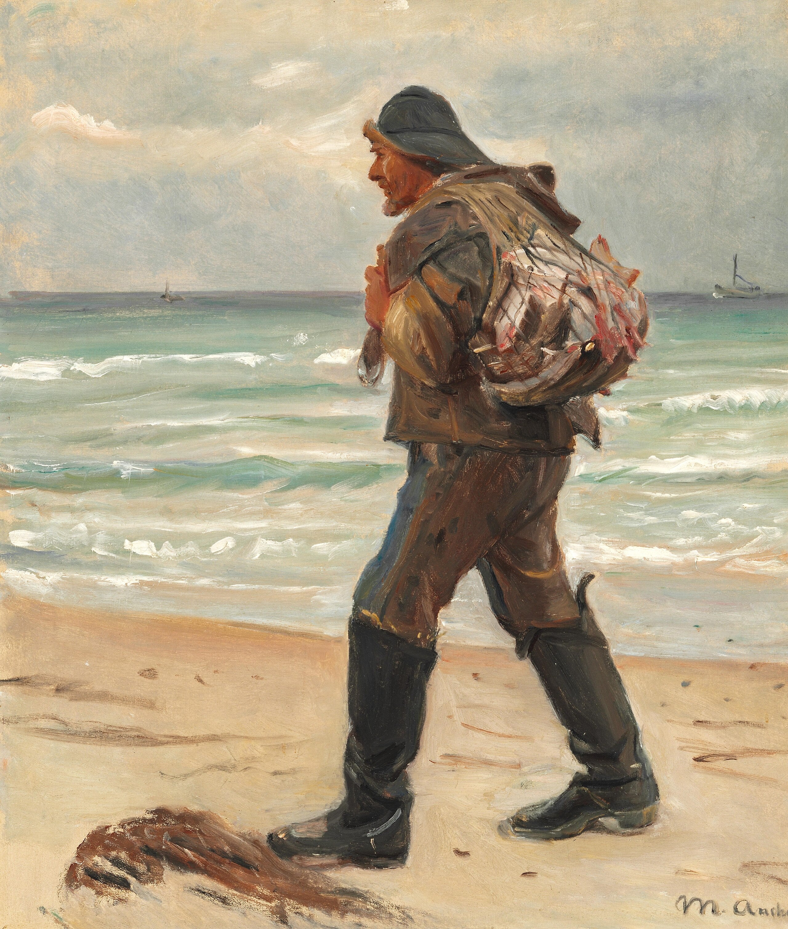 Un pescador en la playa de Skagen lleva su pesca del día en su espalda. -Michael Peter Ancher