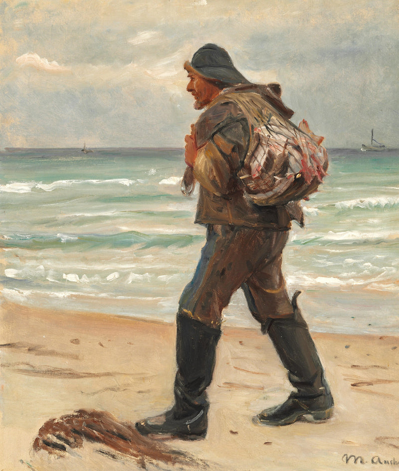 Un pescador en la playa de Skagen lleva su pesca del día en su espalda. -Michael Peter Ancher