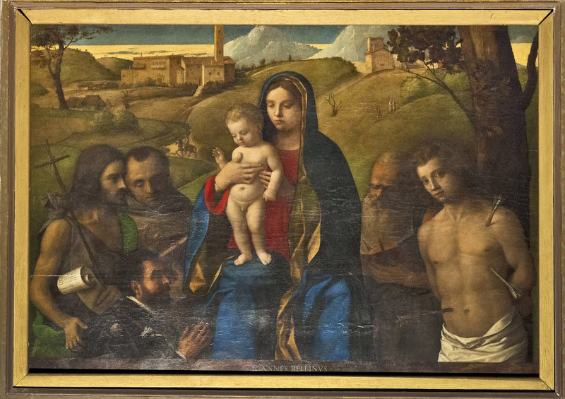 Virgen con el Niño y cuatro santos (Juan Bautista, Francisco, Jerónimo y Sebastián (de izquierda a derecha)) y el donante - Giovanni Bellini
