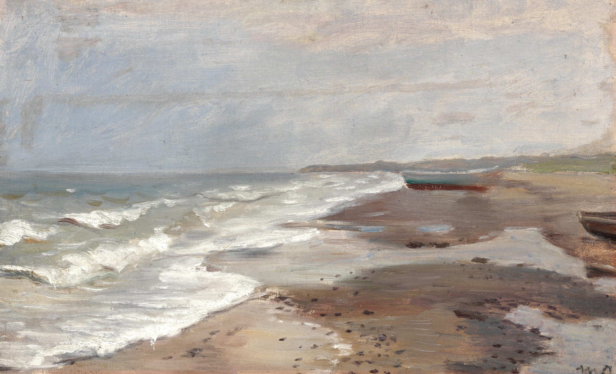 Vista costera desde la playa de Skagen con barcos de pesca en la orilla. - Michael Peter Ancher