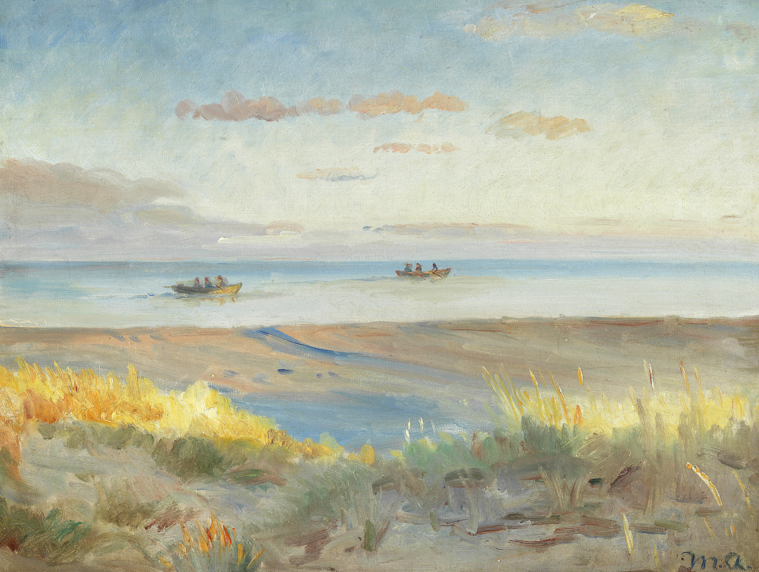 Vista de la playa de Skagen al atardecer. Pescadores en barcas de remos en el mar. - Michael Peter Ancher
