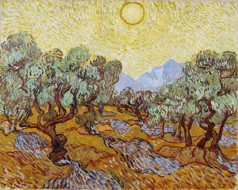 Olivos con cielo amarillo y sol - Vincent van Gogh