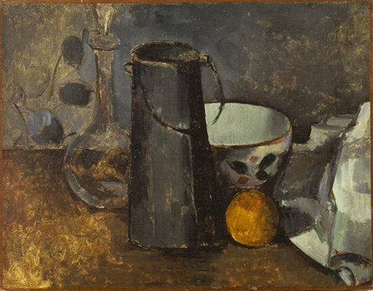 Reproduction du tableau « Carafe, boîte à lait, bol et orange - Paul Cézanne » par Alpha Reproduction en peinture à l’huile