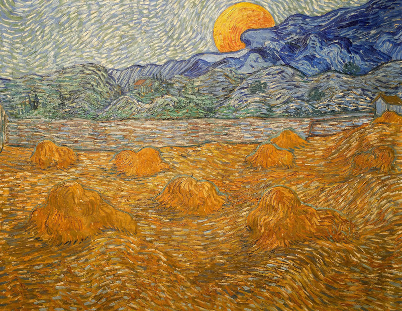 Paisaje con manojos de trigo y luna creciente - Vincent van Gogh