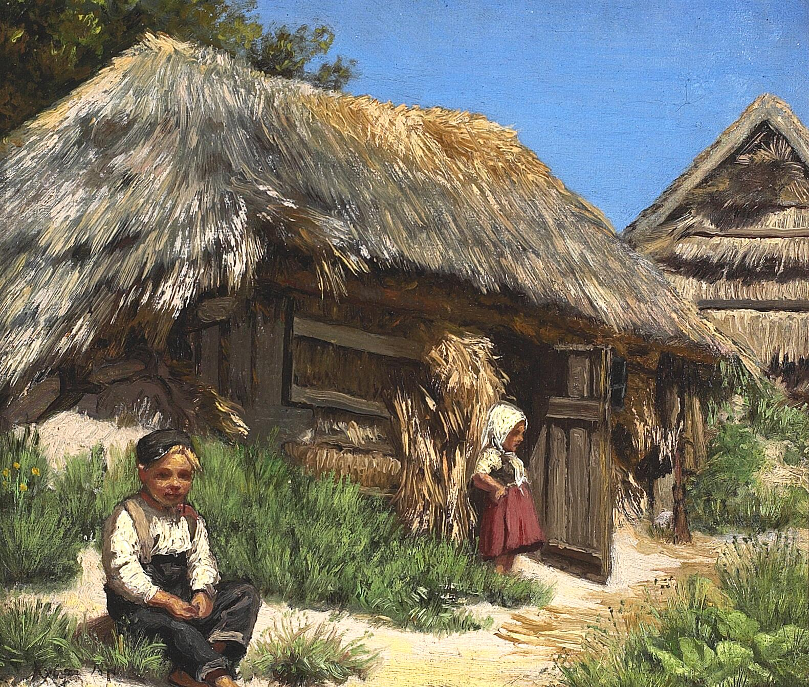 Une maison au toit de chaume. Journée d’été sous un ciel bleu et chaud. Organisée avec deux enfants. - Peder Severin
