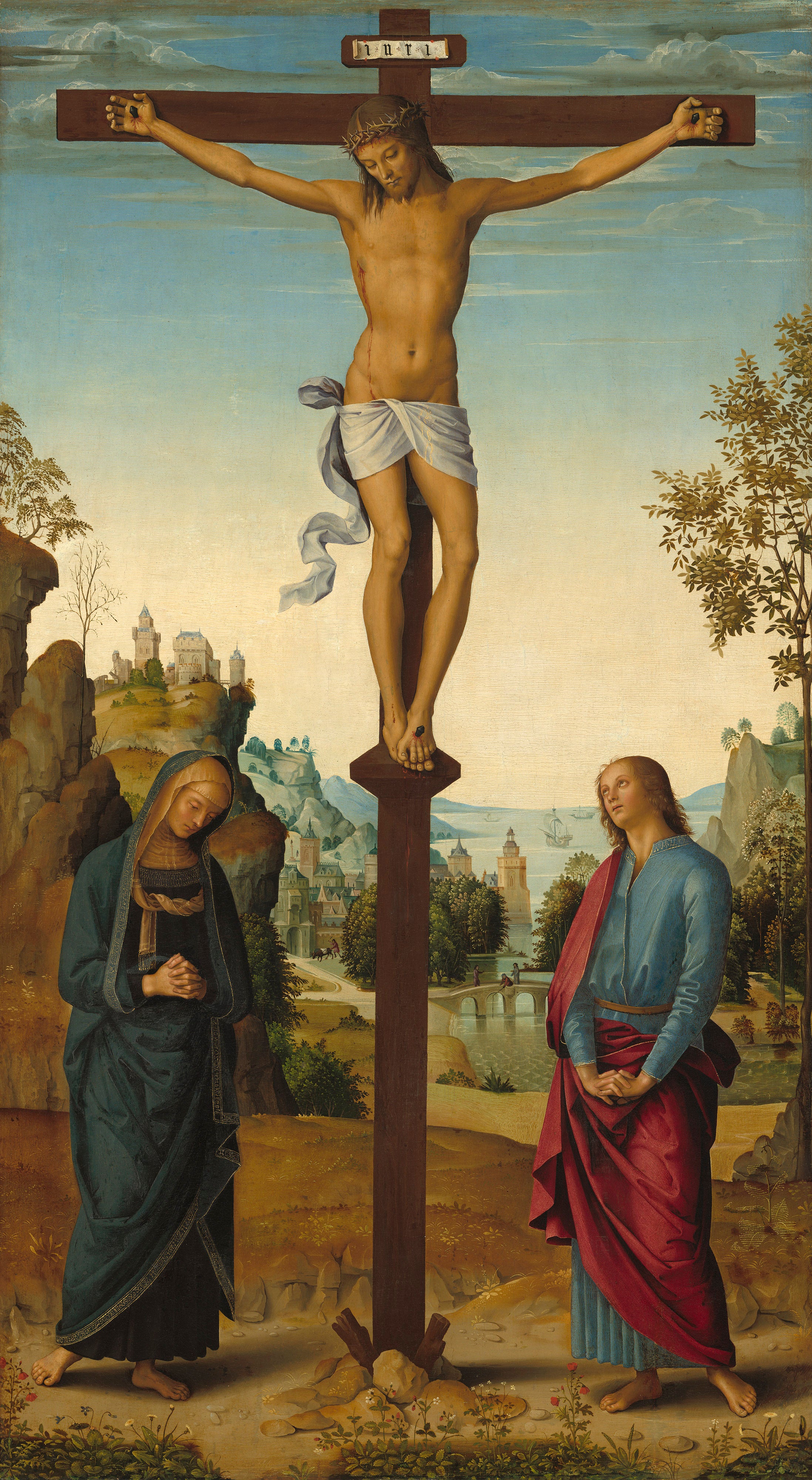 La Crucifixion avec la Vierge saint Jean saint Jérôme et sainte Marie-Madeleine [panneau du milieu] - Pietro Perugino
