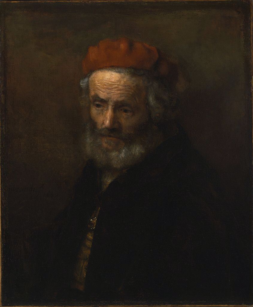 Reproduction du tableau « Buste d'un vieil homme portant un chapeau rouge - Rembrandt » par Alpha Reproduction en peinture à l’huile