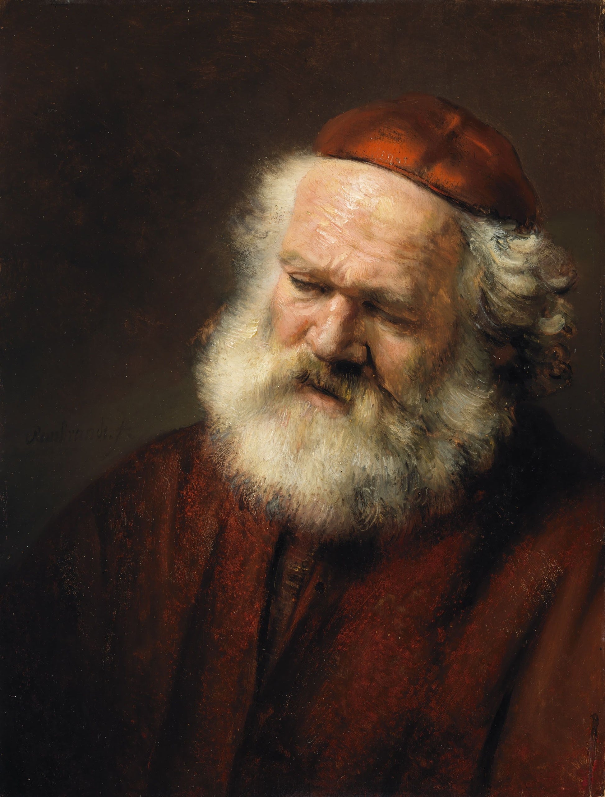 Reproduction du tableau « Buste d'un vieil homme barbu avec bonnet rouge - Rembrandt » par Alpha Reproduction en peinture à l’huile
