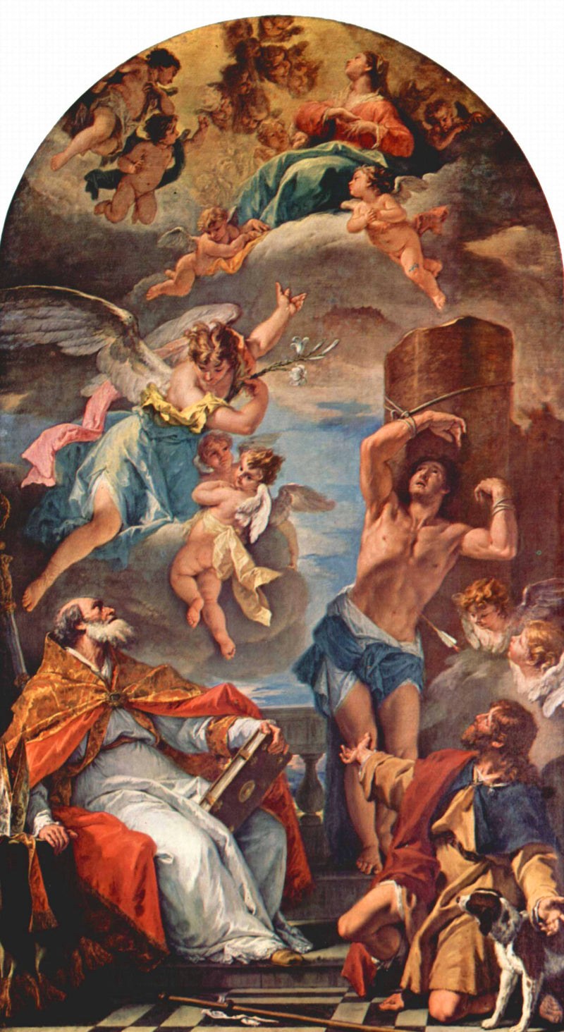 La Virgen María en gloria con el arcángel Gabriel y san Eusebio, san Sebastián y san Roque - Sebastiano Ricci
