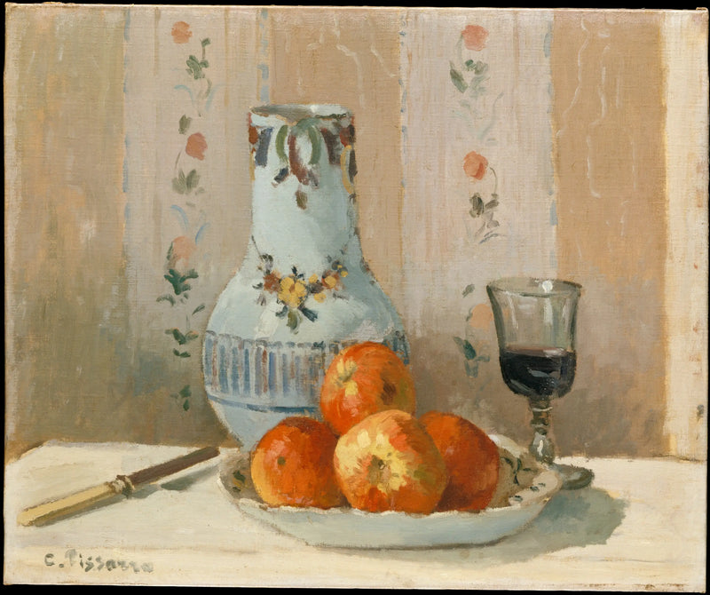 Manzanas de castaño y cerámica vidriada sobre una mesa - Camille Pissarro