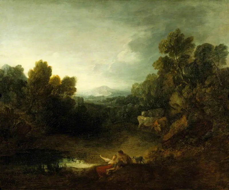 Paisaje boscoso rocoso con amantes rústicos junto a una piscina - Thomas Gainsborough