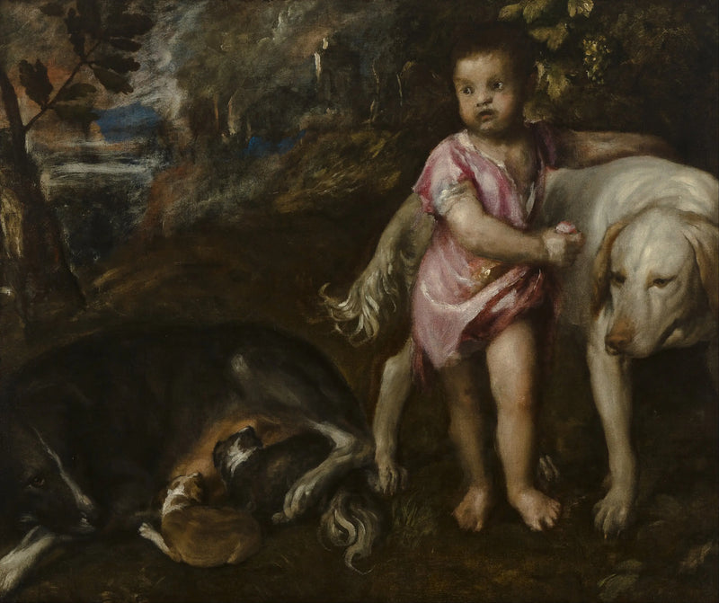 Niño con perros en un paisaje - Titian
