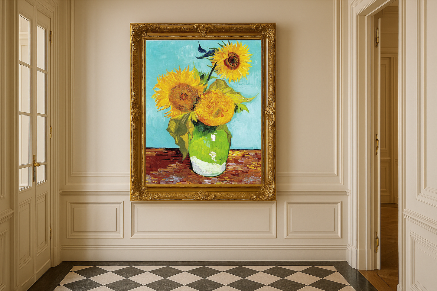 🌻 Girasoles (fondo turquesa) – Vincent van Gogh (1888)