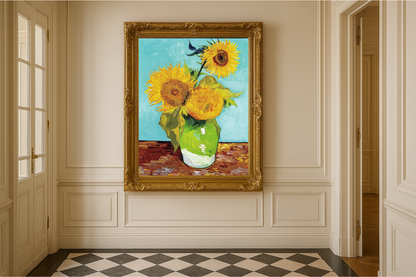 🌻 Girasoles (fondo turquesa) – Vincent van Gogh (1888)