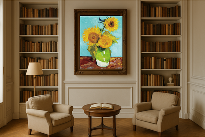 🌻 Girasoles (fondo turquesa) – Vincent van Gogh (1888)