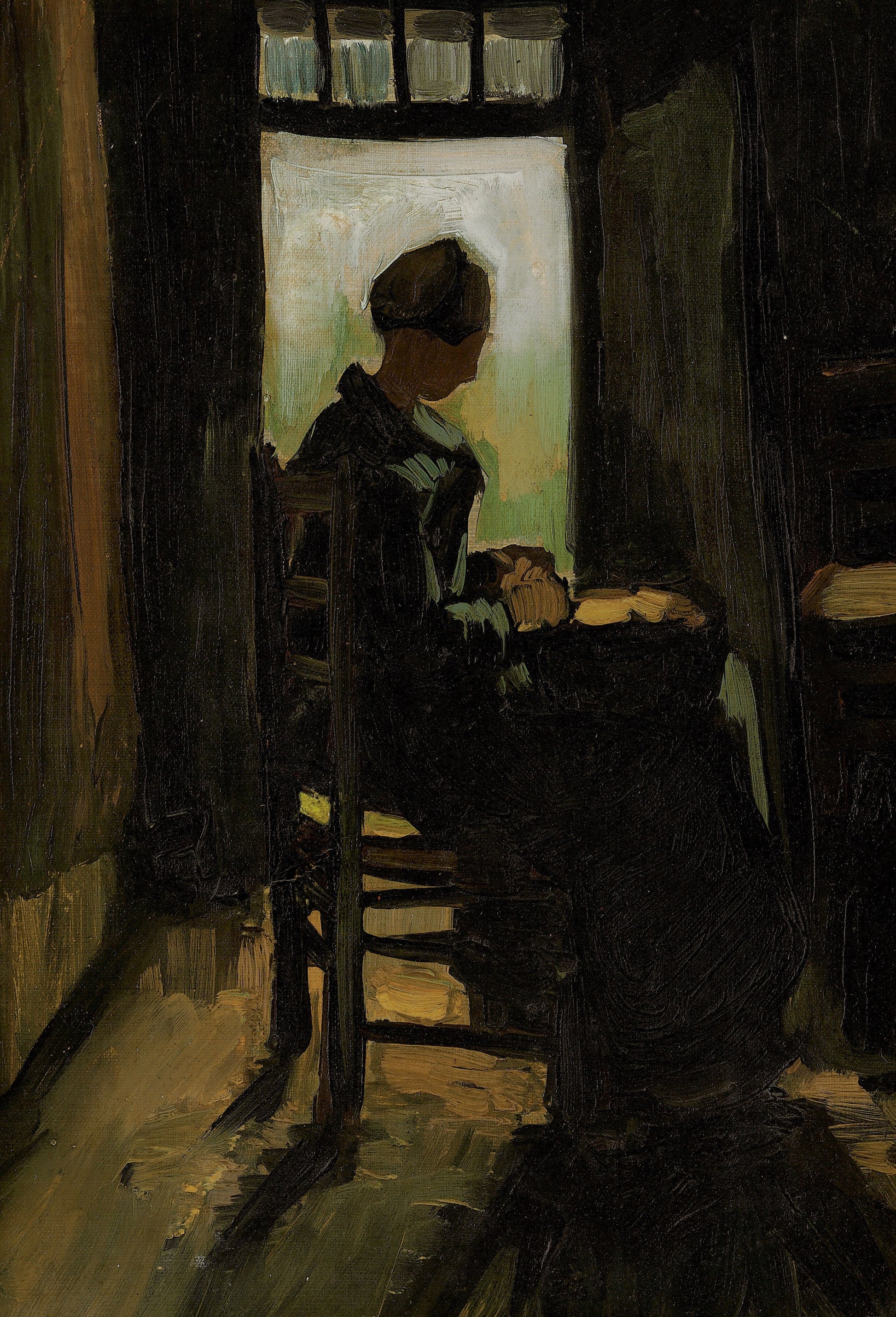 Reproduction du tableau « Paysanne assise devant une porte ouverte, épluchant des pommes de terre - Vincent van Gogh » par Alpha Reproduction en peinture à l’huile