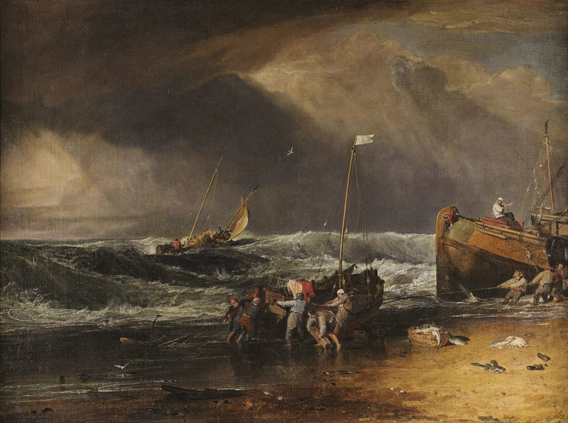 Una escena costera con pescadores sacando un bote a la orilla - J. M. W. Turner