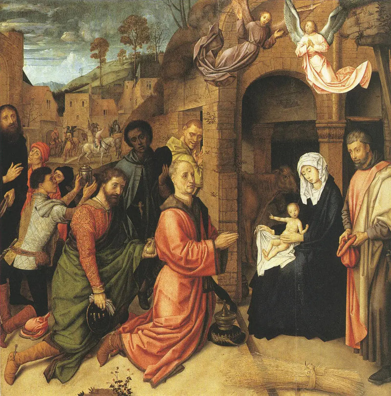 Adoración de los Reyes Magos frente al establo en la colina - Hugo van der Goes
