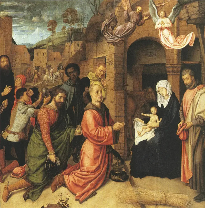 Adoración de los Reyes Magos frente al establo en la colina - Hugo van der Goes