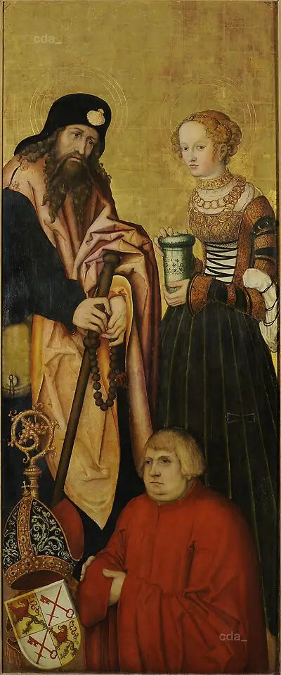 Alas del retablo del coro oeste de la catedral de Naumbourg [ala derecha]: el apóstol Santiago el Mayor y santa María Magdalena con el obispo Juan III de Schönberg (1492-1517) como donante [intérieur] - Lucas Cranach el Viejo