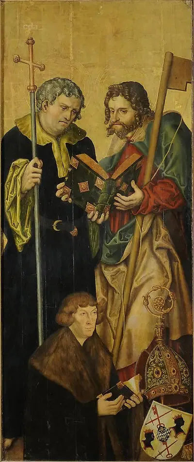 Alas del retablo del coro oeste de la catedral de Naumbourg [ala izquierda]: el apóstol Felipe y Jacobo el Joven con Felipe, conde palatino del Rin (1480-1541), obispo de Freising (si - Lucas Cranach el Viejo