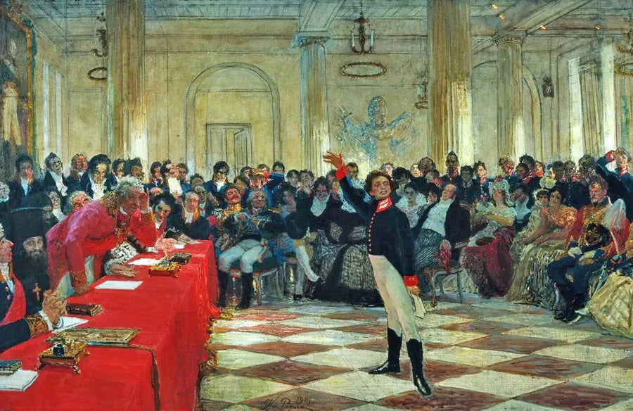Alexandre Serguéiévitch Pouchkine recita su poema frente a Gavrila Derzhavin durante el examen en la escuela de Tsarskoïe Selo el 8 de enero de 1815. - Ilya Repin