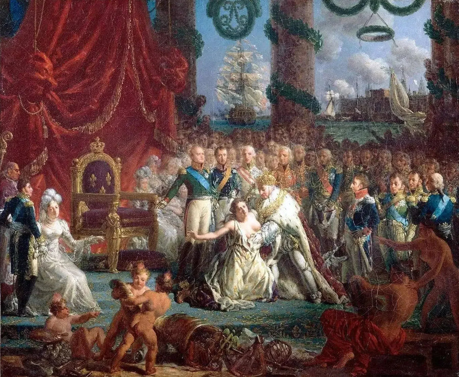 Alegoría del regreso de los Borbones el 24 de abril de 1814: Luis XVIII levantando a Francia de sus ruinas. - Louis-Philippe Crépin