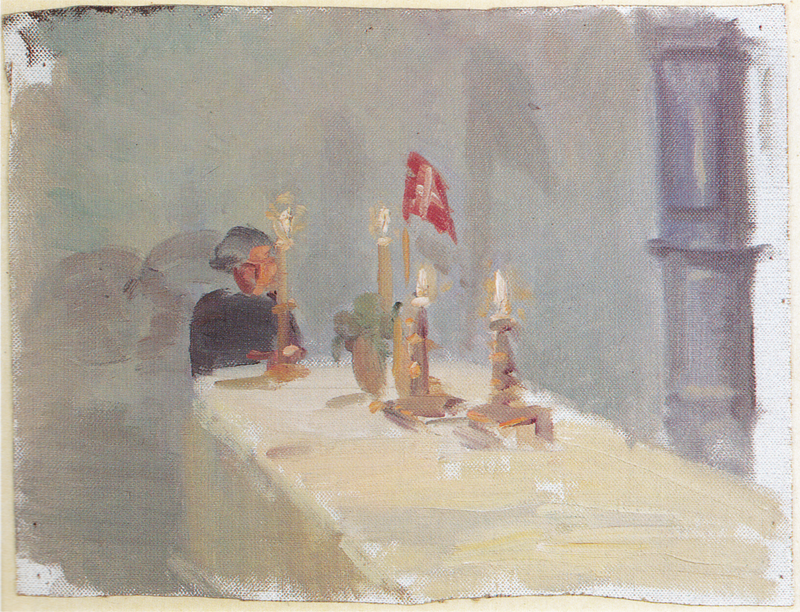 Cumpleaños. Una mujer al final de una mesa con velas y una bandera. - Anna Ancher