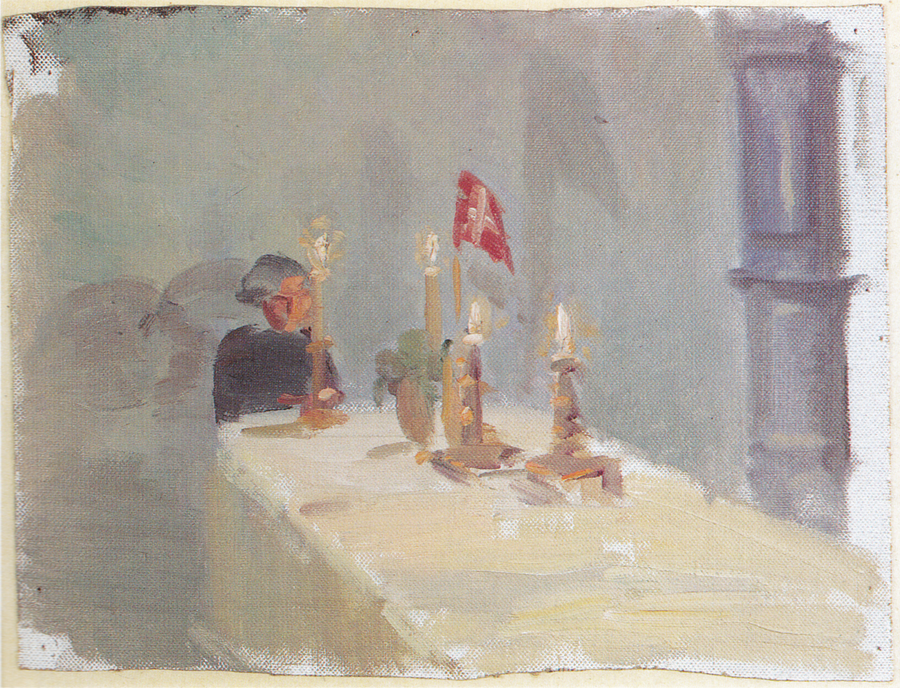 Cumpleaños. Una mujer al final de una mesa con velas y una bandera. - Anna Ancher