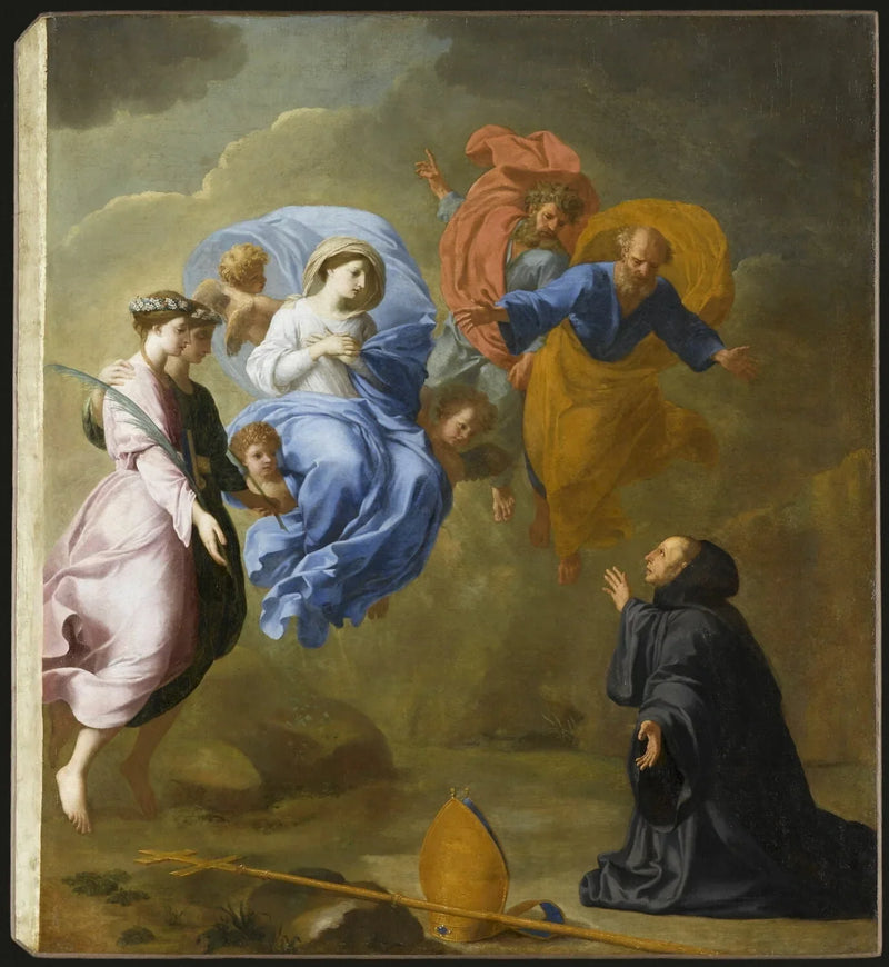 Aparición de la Virgen acompañada de santa Inés y de santa Téclica en san Martín - Eustache Le Sueur
