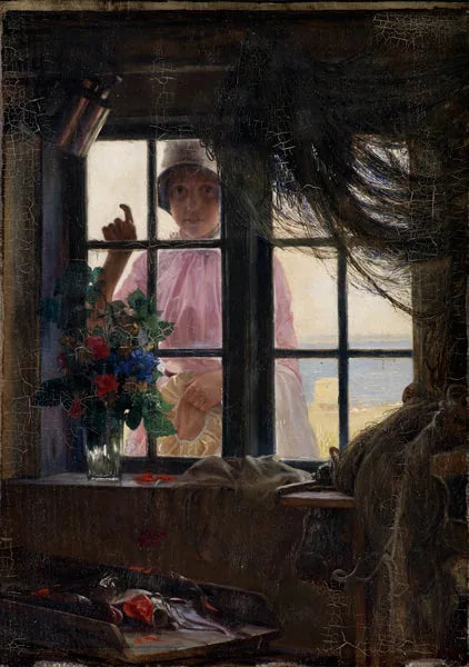 Después del baño. Una joven golpea la ventana del pescador. - Carl Heinrich Bloch