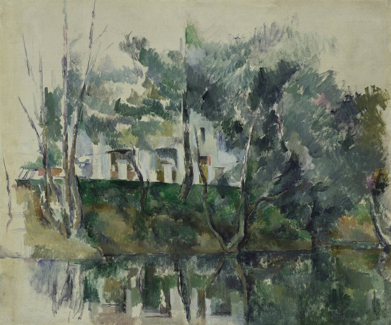 Árboles y casas al borde del agua - Paul Cézanne
