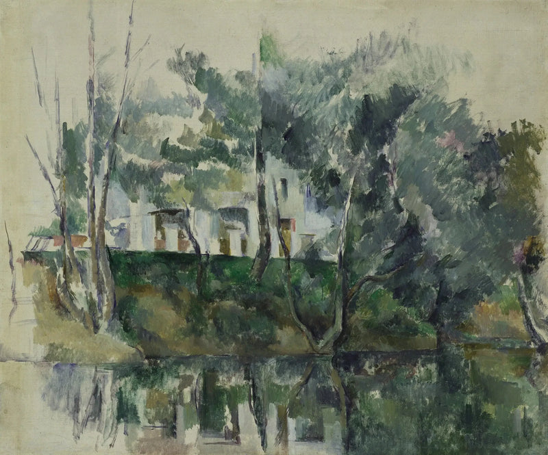Árboles y casas al borde del agua - Paul Cézanne