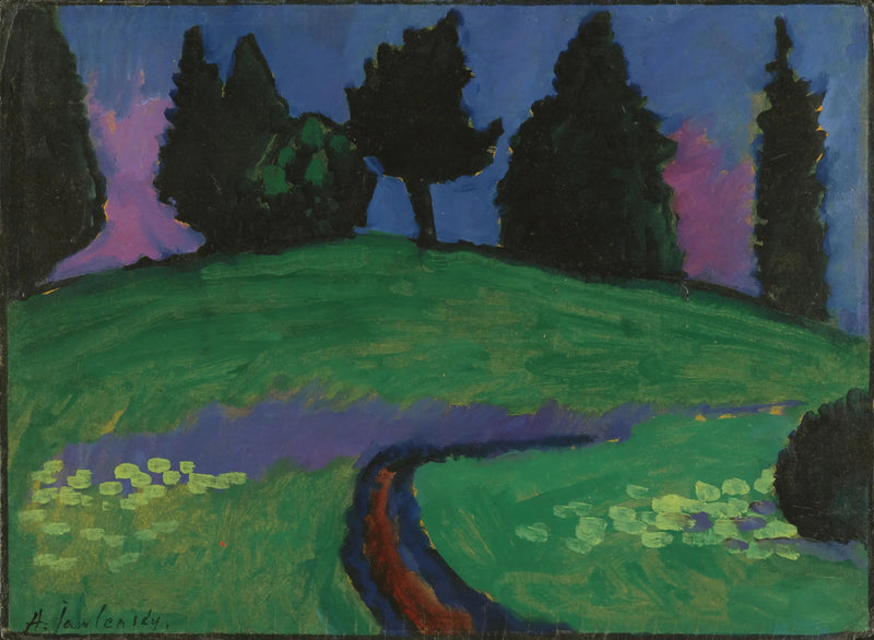 Árboles oscuros en una pendiente verde - Alexej von Jawlensky
