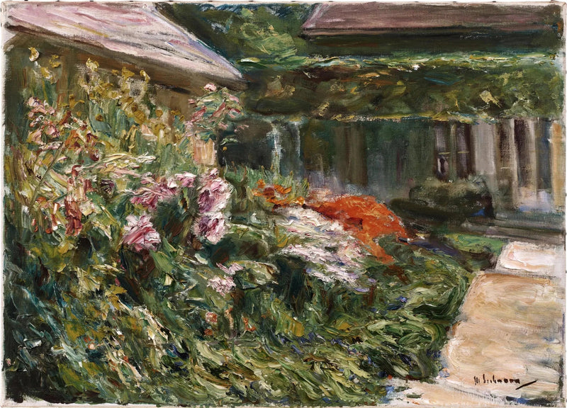 Arbustos con flores cerca del cobertizo de jardín orientados al noreste - Max Liebermann