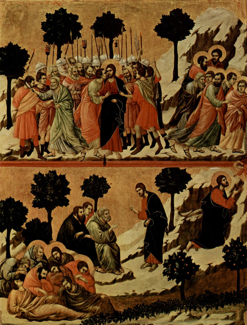 Arresto de Jesús (arriba); Agonía en el jardín (abajo) - Duccio di Buoninsegna
