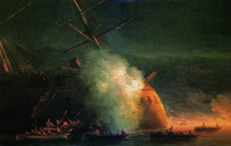 Ataque a la mina por barcos del transatlántico Gran Duque Konstantín del acorazado turco Assari-Shevket en la rada de Soukhoum el 12 de agosto de 1877 - Iván Aivazovski
