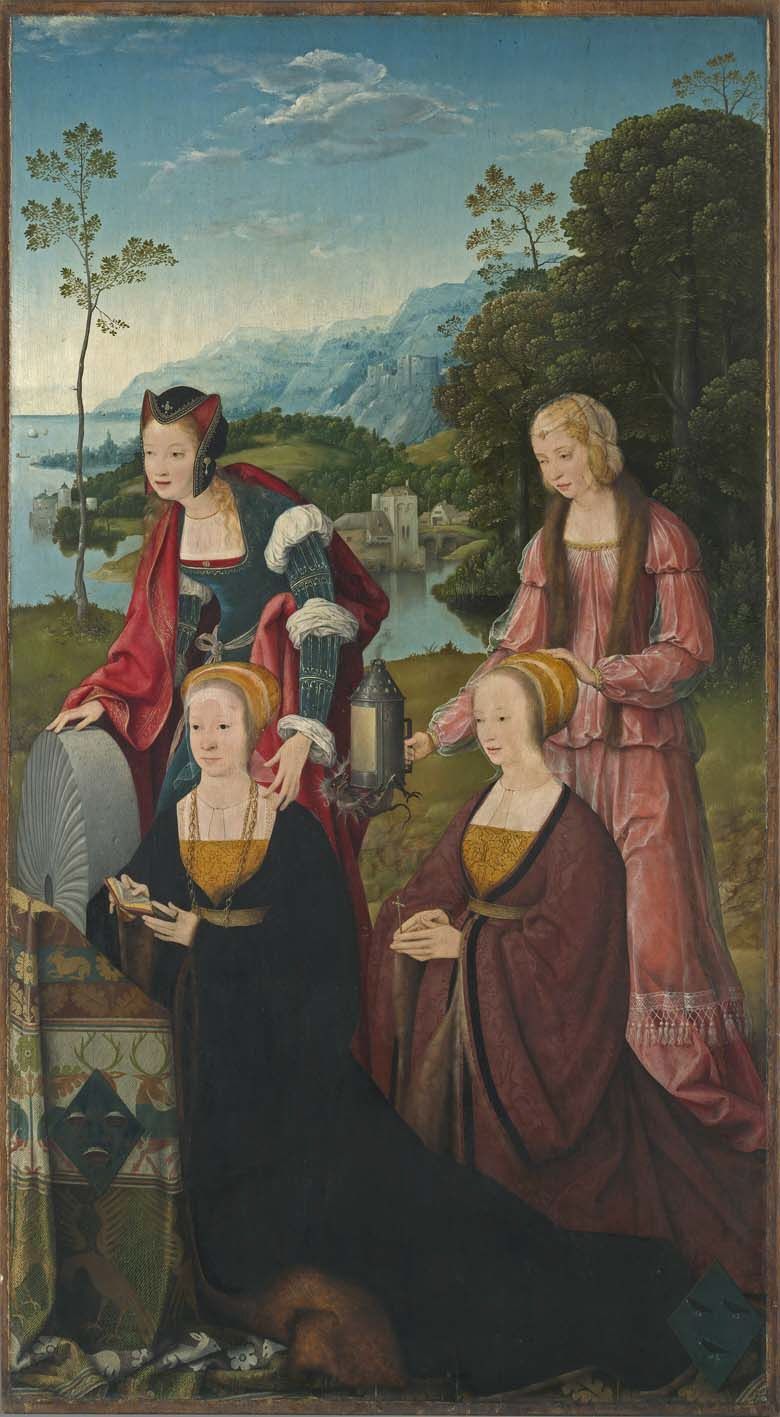 Retablo de Marientod: Santa Cristina y Santa Gúdula con las donantes Cristina y Sibilla Hackeney detrás; en el exterior: Santos Sebastián y Rocco - Joos van Cleve